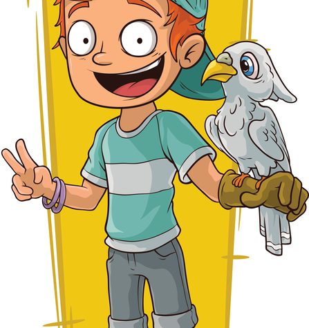 A vector illustration of cartoon redhead boy with cute parrot